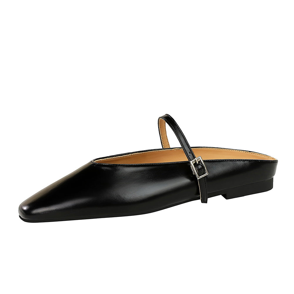 Classic black mules with a secure strap, offering a timeless look. The square-toe style is both trendy and versatile. 