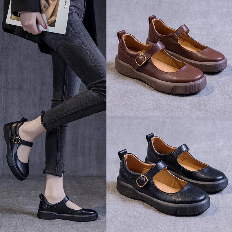 A collage featuring black and brown leather Mary-Jane shoes with thick soles and gold buckles. The left side shows a person wearing black Mary-Jane shoes with jeans, while the right side displays pairs of brown and black Mary-Jane shoes on a grey background.