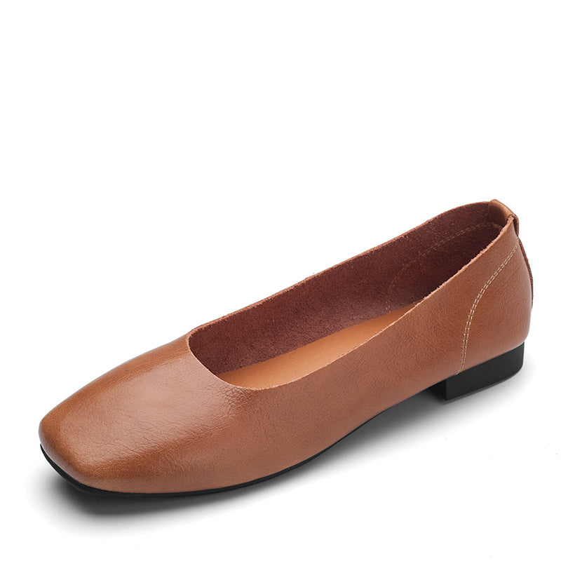 A single brown flat leather shoe with a square toe, featuring a simple and elegant design, set against a white background.