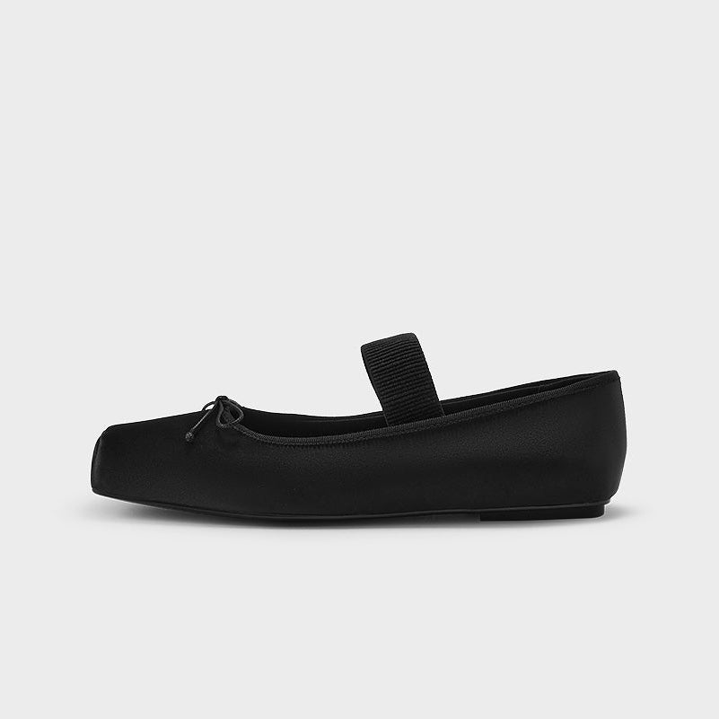 Women’s black square-toe ballet flats with bow and stretchy strap design-KARANMORE